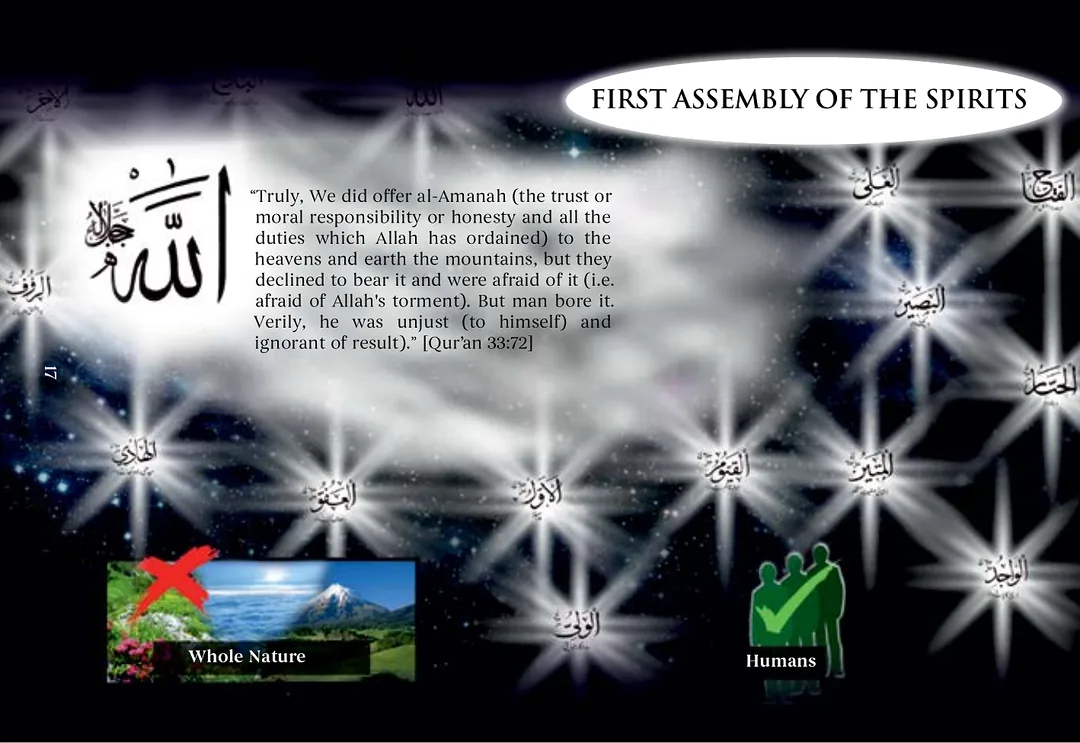 A starfield inscribed with the names of Allah, with whole nature marked by a red cross and humans marked by a green tick