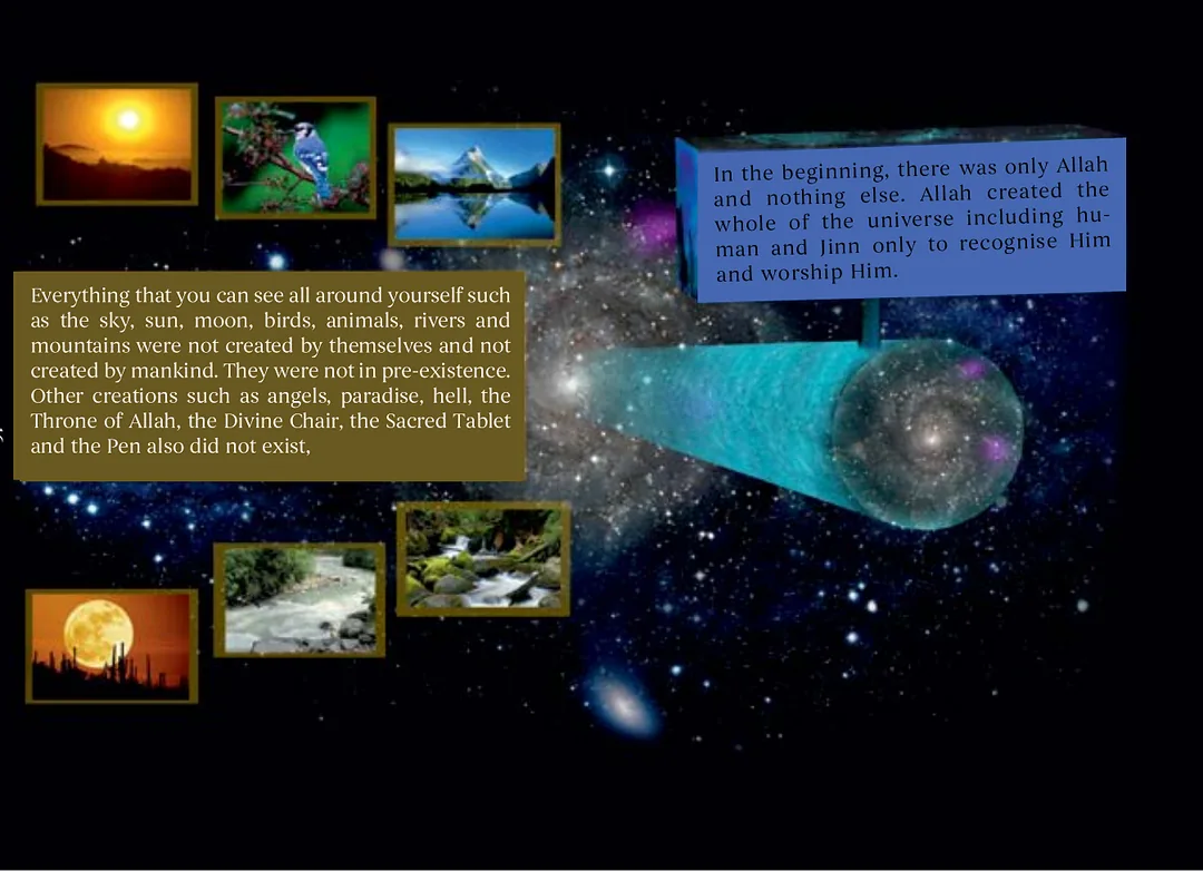 A galaxy in deep space with framed photographs of the sun, birds, mountains, rivers and the moon arranged around it
