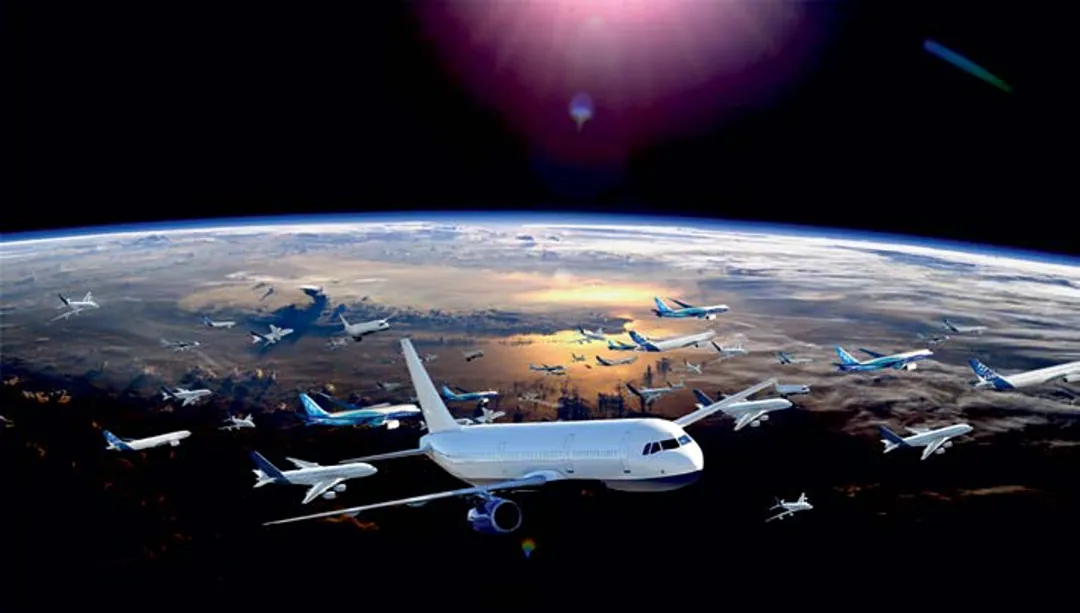 Dozens of airliners in flight above the curve of the earth at sunrise, seen from space