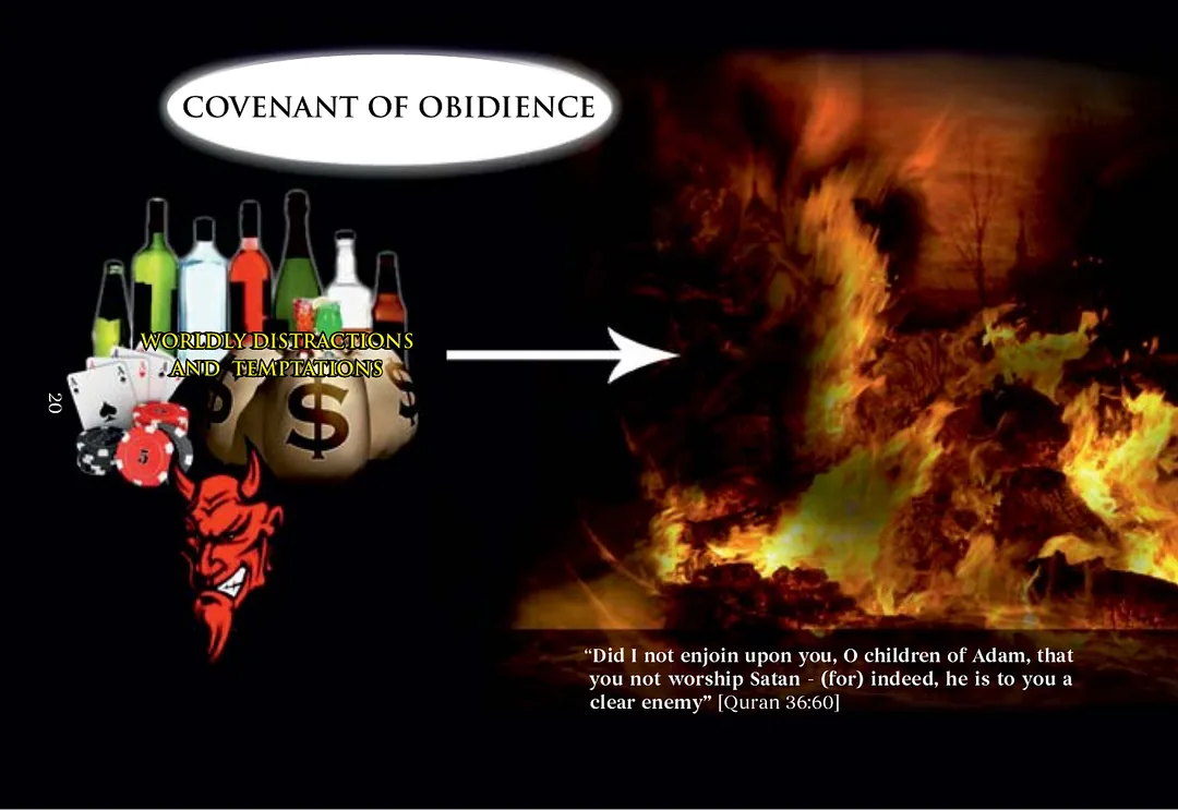 Bottles of alcohol, playing cards, gambling chips and sacks of money beside a grinning devil, with an arrow pointing towards a wall of fire