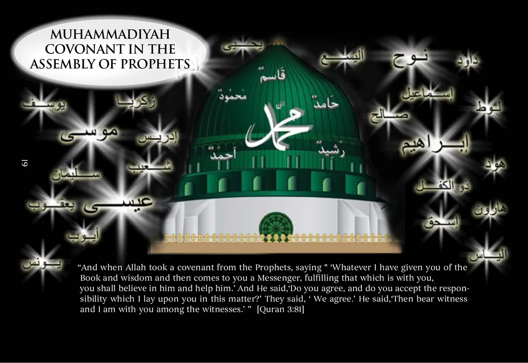The green dome of the Prophet's mosque at Madinah, inscribed with the name Muhammad, ringed by the names of the prophets each set in a burst of light