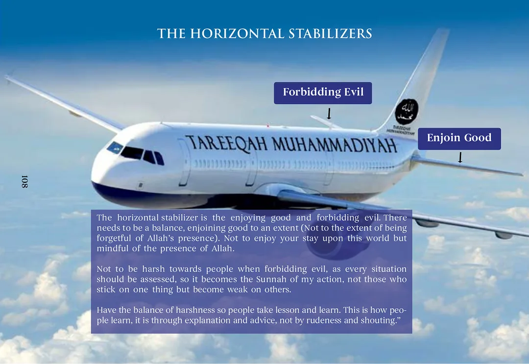 The same airliner in flight with its tailplane surfaces labelled forbidding evil and enjoin good