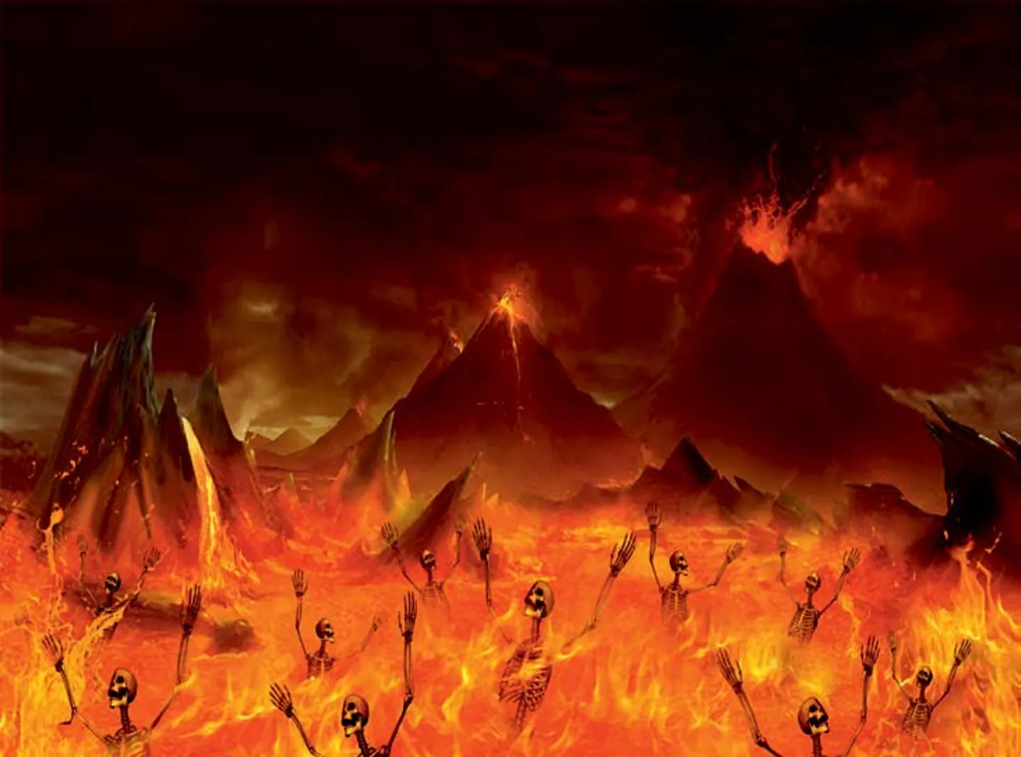Volcanic mountains erupting above a valley of fire