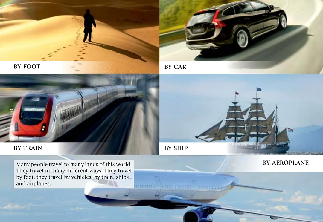 Five photographs of travel: a figure walking away across desert sand, a car on a country road, a high-speed train, a tall ship under full sail, and an airliner in flight