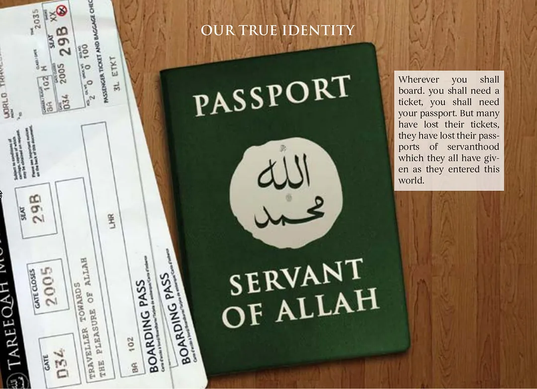 A dark green passport embossed Servant of Allah beside a boarding pass reading Tareeqah Muhammadiyah, traveller towards the pleasure of Allah
