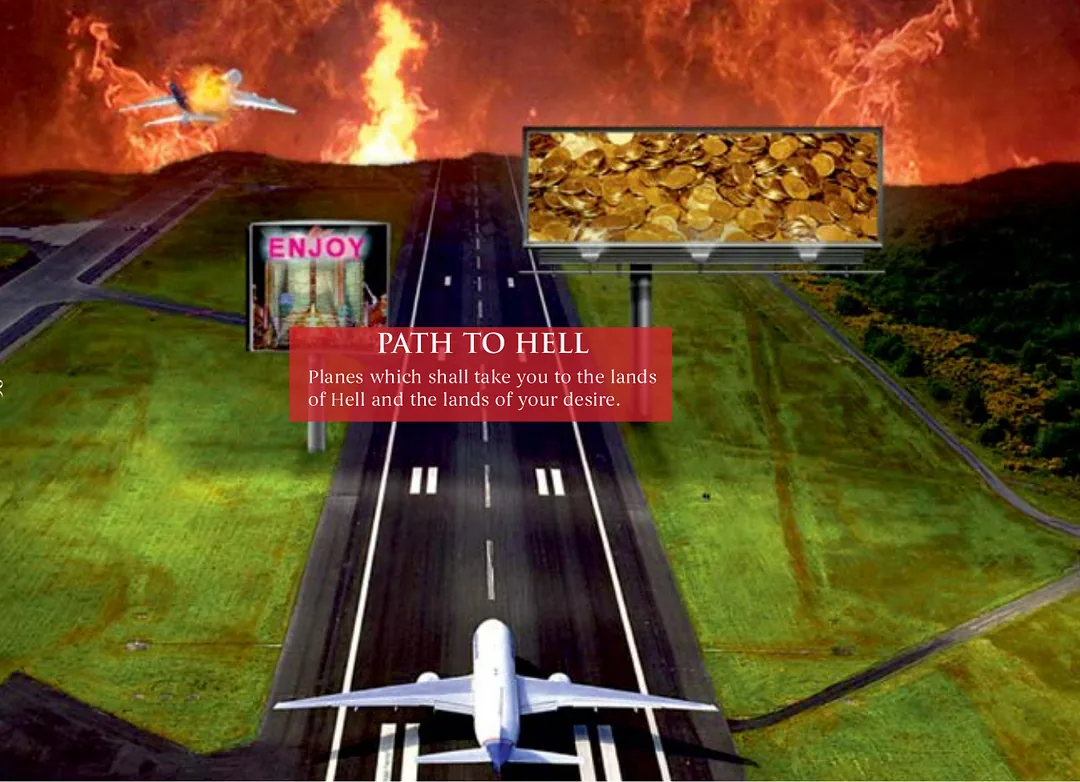 A runway crossing green fields towards burning hills, lined with billboards advertising pleasure and heaps of gold coins, an airliner in flames overhead