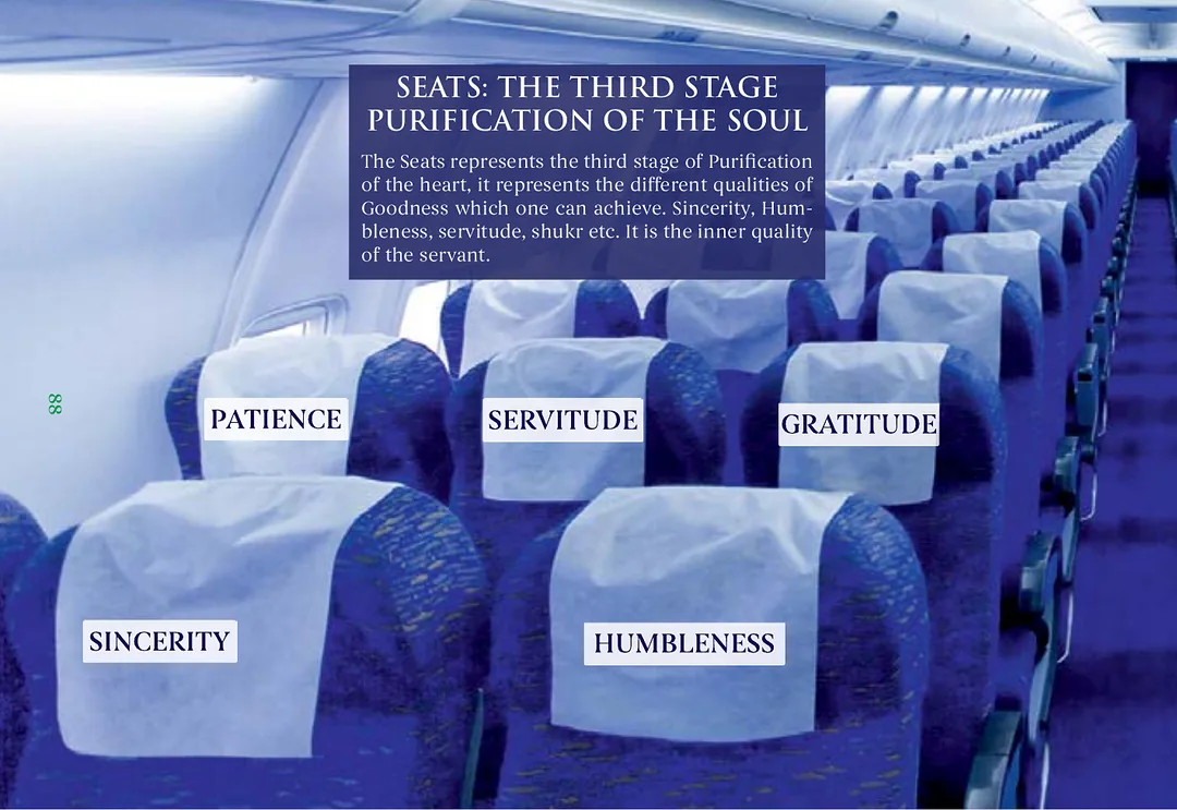 Rows of clean blue aircraft seats labelled patience, servitude, gratitude, sincerity and humbleness