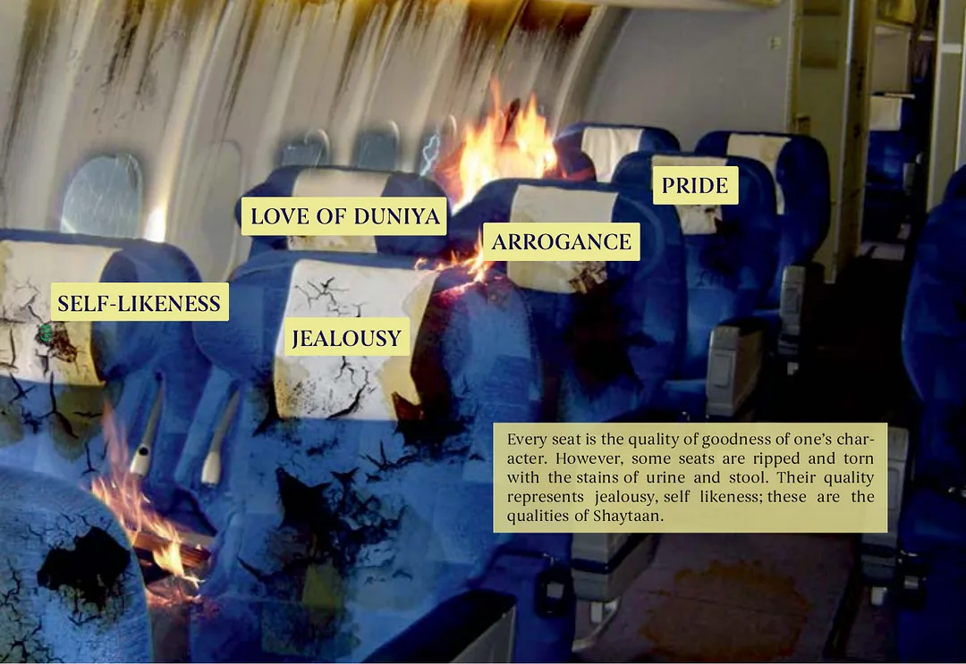 The same aircraft cabin with seats burnt, torn and stained, each labelled with a vice: self-likeness, jealousy, love of Dunya, arrogance, pride