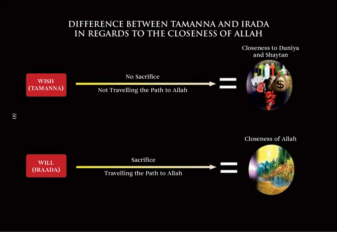 The same comparison in terms of destination: wish with no sacrifice and not travelling the path equals closeness to Dunya and Shaytan; will with sacrifice and travelling the path equals the closeness of Allah