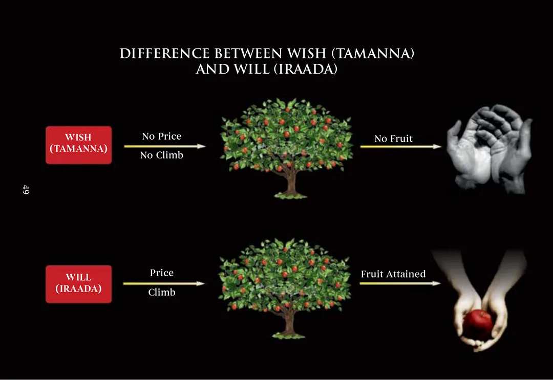 Two rows compared: wish (tamanna) with no price and no climb leading to a fruit tree and then to empty open hands; and will (iraada) with price and climb leading to the same tree and then to hands holding an apple